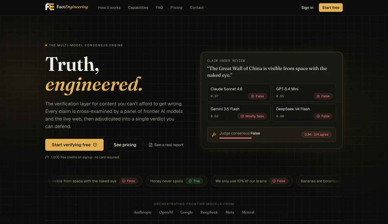 fact.engineering homepage: a claim under review is cross-examined by four AI models and adjudicated to a judge consensus verdict